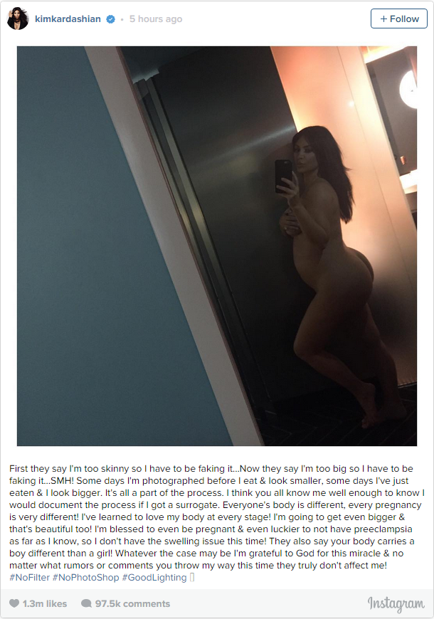 Kim Kardashian Posts Naked Selfie To Address Body Shaming.