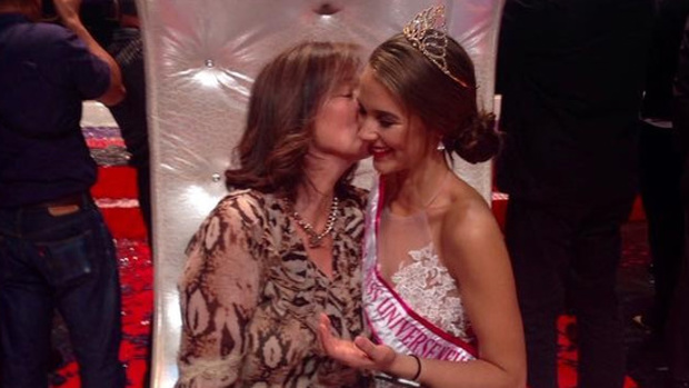 Hannah Henderson, with proud mum Joanne Henderson, is the surf instructor named runner-up in this year's Miss Universe New Zealand pageant.