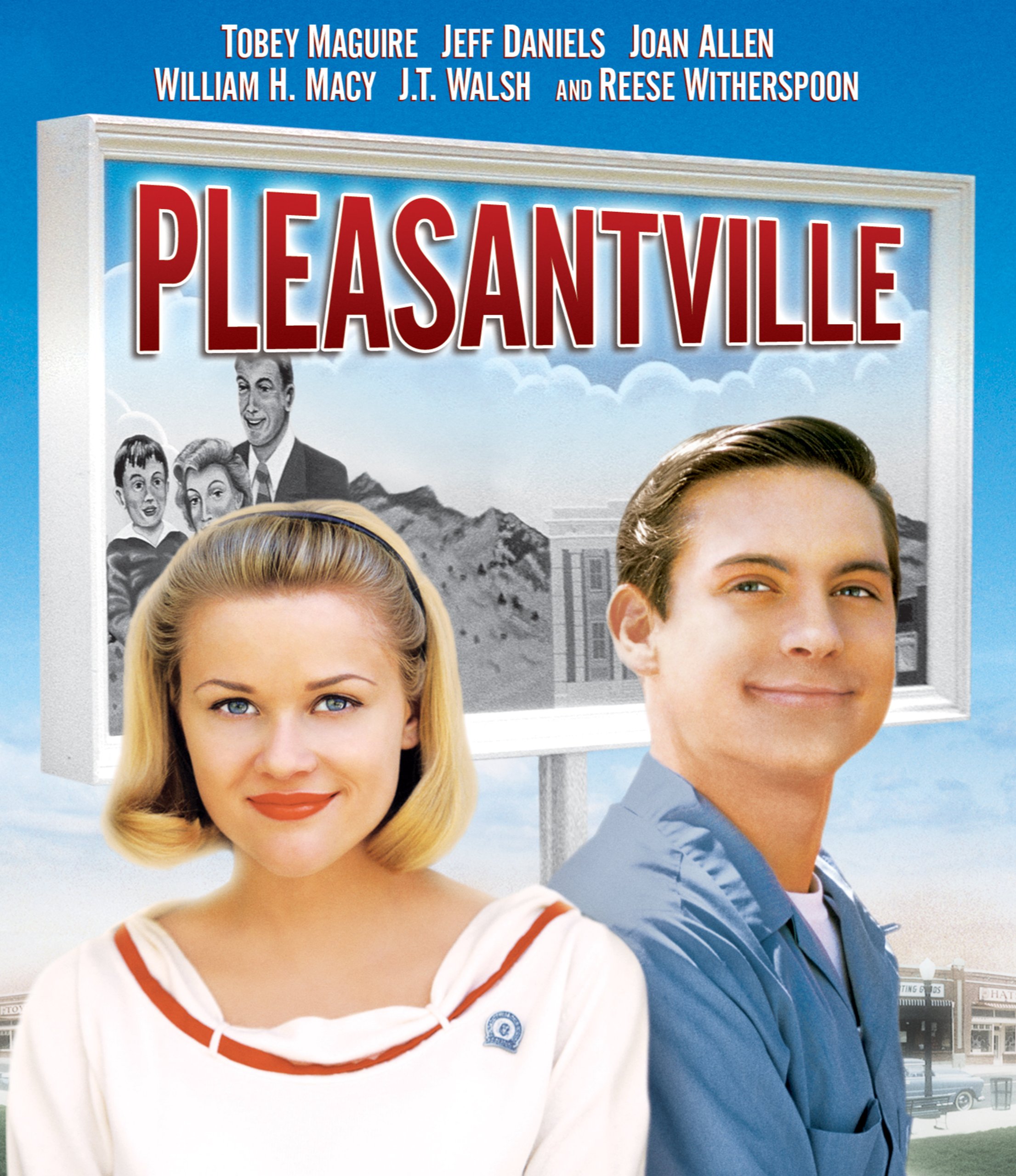 Pleasantville is a fantasy comedy-drama starring Tobey Maguire, Jeff Daniels, Joan Allen, William H. Macy, Paul Walker and Reese Witherspoon. The story centers on two siblings who wind up in a 1950s sitcom where their influence begins to profoundly change that complacent world.