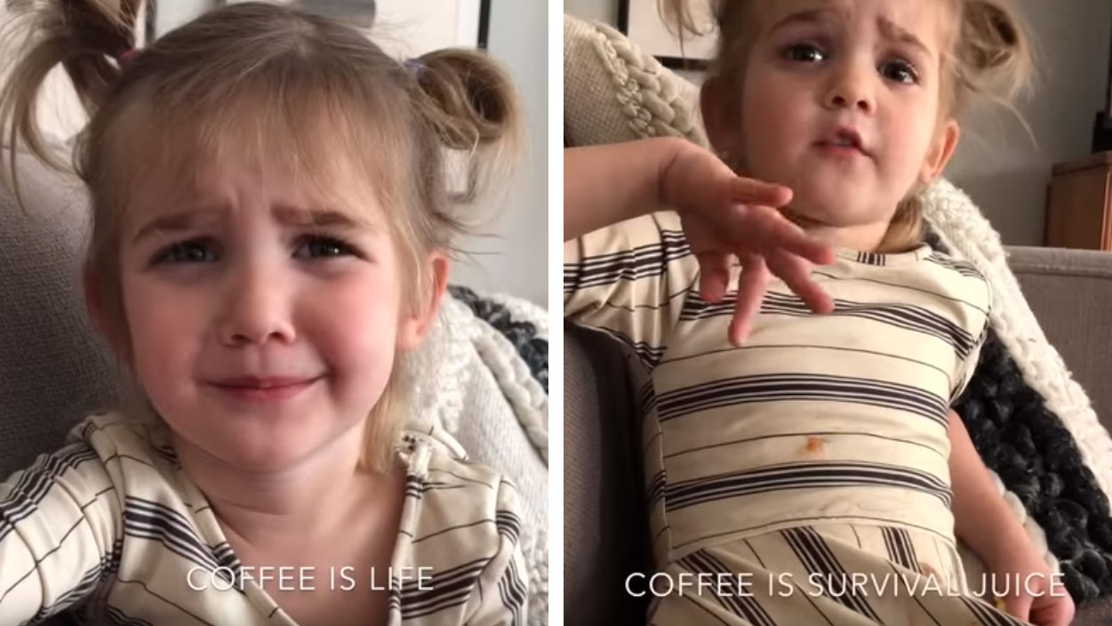 Toddler's priceless impression of Mum's coffee addiction is absolutely hilarious