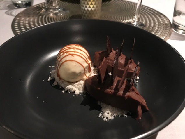 Caramel milk choc ganache - soooooooo YUMMY!  With salted caramel icecream and hazelnut snow - highly recommend to scrape the plate