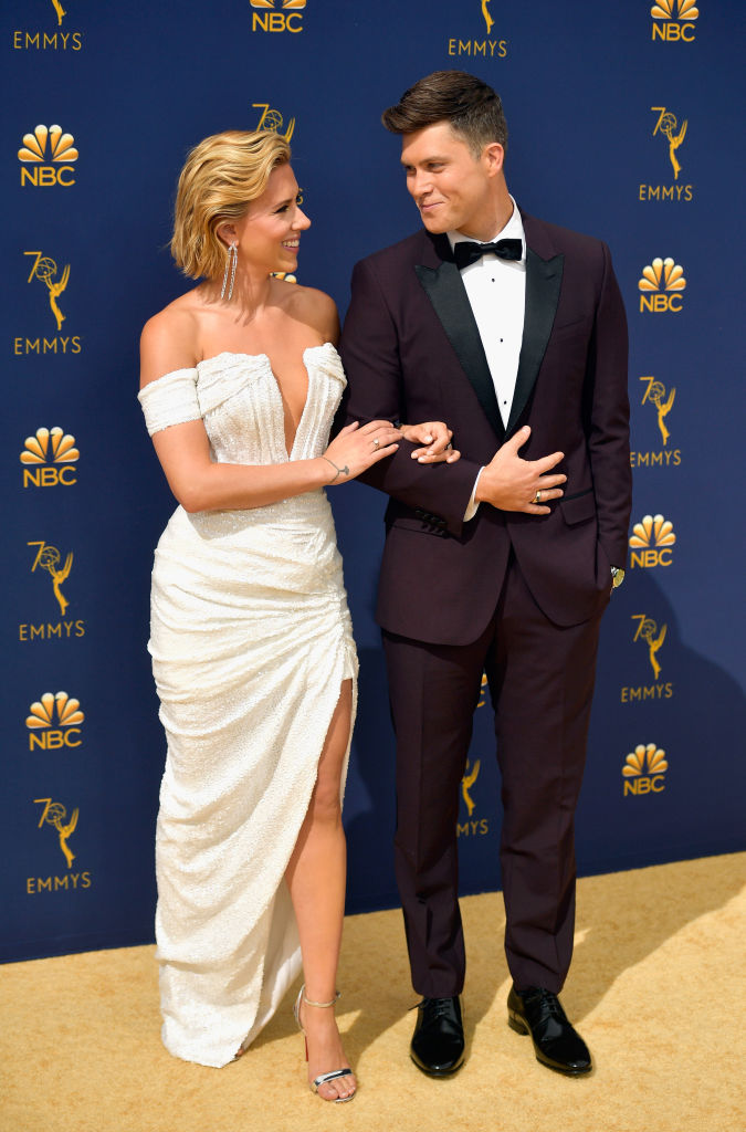 Scarlett Johansson and Emmy's co-host Colin Jost. Photo / Getty