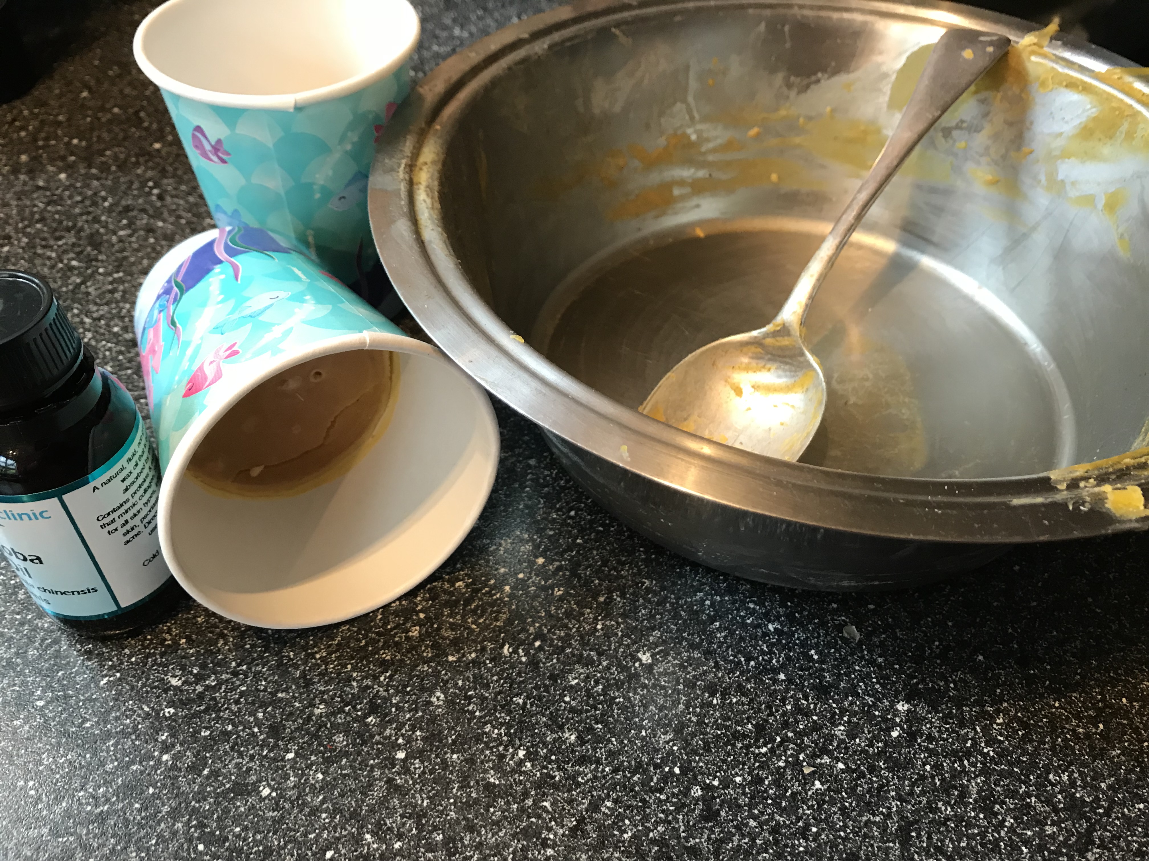 Stainless Steel bowl and spoon at the ready with my beeswax and jojoba oil