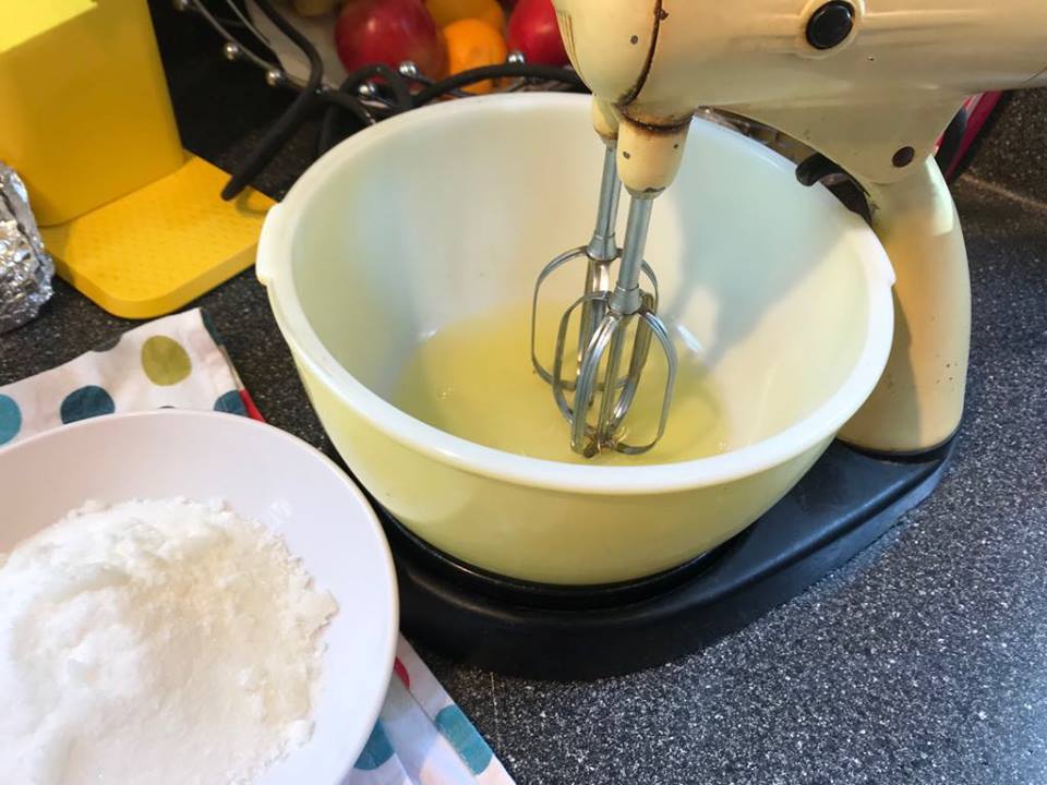 Oh, we've gone backwards here - Eggs ready to beat, slowly adding in sugar