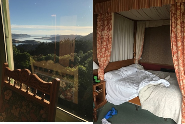 My four poster bed - it was so soft and comfy - and view from my room at the Larnach Castle Lodge