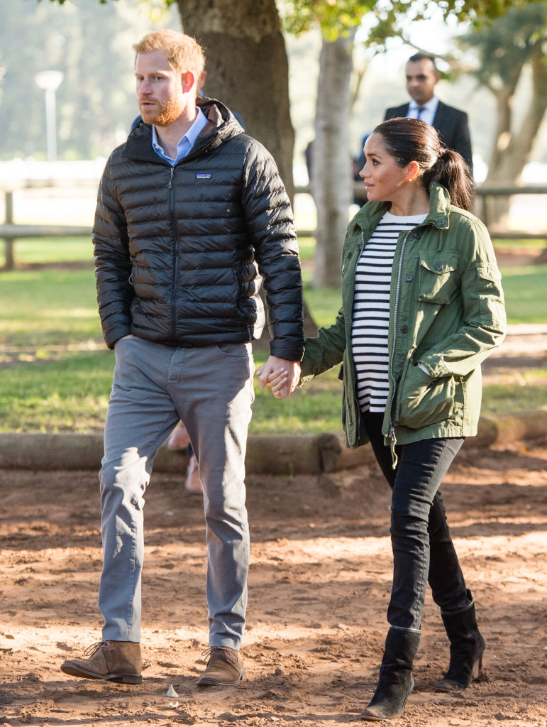 Meghan Markle wearing a casual Breton stripe top black and J. Crew jacket in February 2019. Photo / Getty