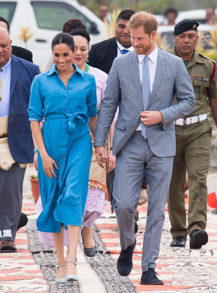 Meghan Markle wearing a light blue dress in October 2018. Photo / Getty