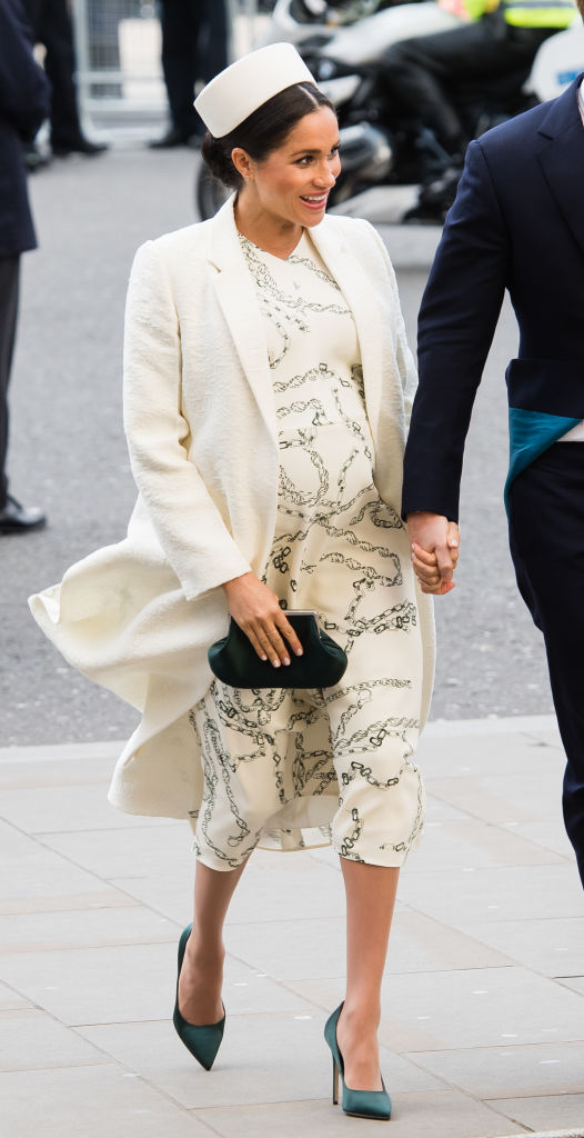 Meghan Markle wearing a white-cream coat and dress with matching pillbox hat in March 2019. Photo / Getty