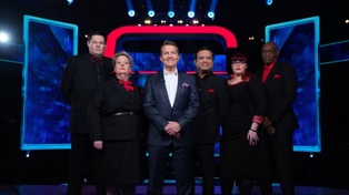 The stars of 'The Chase': Mark "The Beast" Labbett, Anne "The Governess" Hegerty, host Bradley Walsh, Paul "The Sinnerman" Sinha, Jenny "The Vixen" Ryan and Shaun "The Dark Destroyer" Wallace. Photo / TVNZ