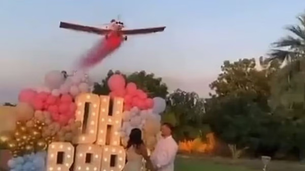 After dropping the pink powder for the gender reveal, the wing of the plane appears to fold in causing the aircraft to crash. Photo / Twitter