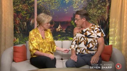 Jeremy Wells took a top out of Hilary Barry's wardrobe on Thursday night's episode of Seven Sharp. Photo / TVNZ