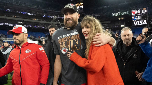 Kansas City Chiefs tight end Travis Kelce walks with Taylor Swift following the AFC Championship NFL football game between the Baltimore Ravens and the Kansas City Chiefs, Sunday, Jan. 28, 2024. Photo / AP
