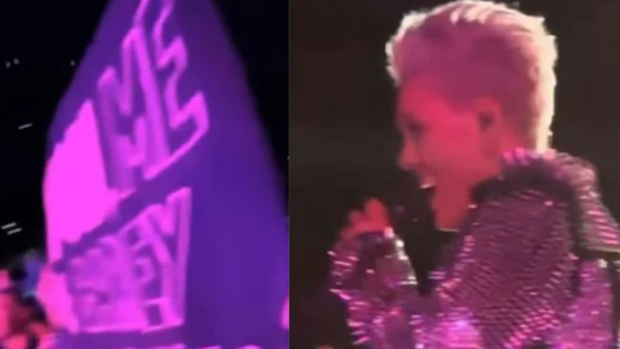 Pink was speechless after reading the fan's sign. Photo / Instagram @pink_fanclub