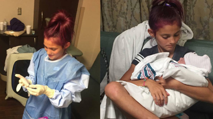 Photos capture the "beautiful" moment 12 year-old girl delivers her baby brother