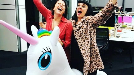 Estelle and Tami Neilson ride into the sunset on a rainbow unicorn