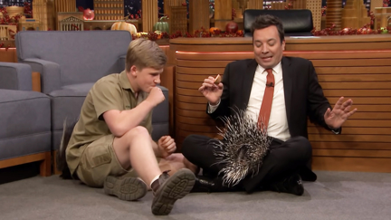 Robert Irwin's baby porcupine gets a bit too cosy in Jimmy Fallon's lap and it will make you laugh!