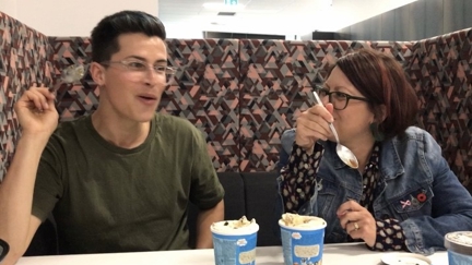 Estelle digs straight for the middle with a Ben & Jerry's delivery