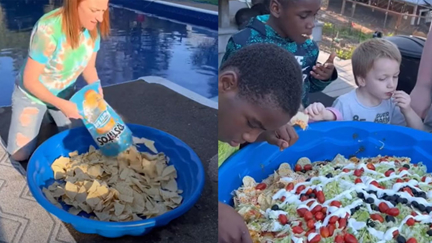 Genius or gross? Mum fills kiddy pool with nachos to feed her 12 kids